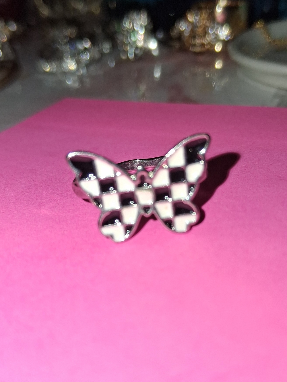 Checkerboard Butterfly Ring - Black & White Women Accessories